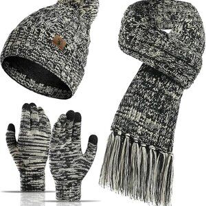Women’s Fleece Lined Warm Winter Beanie Hat, Scarf & Touchscreen Gloves Set